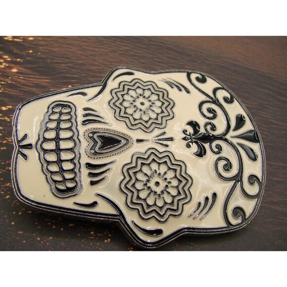 Black White Sugar Skull Belt Buckle Metal Streetwear Day of Dead Floral Mexico main image 7